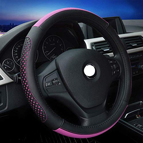 Auto Lenkradhüllen Lenkradbezug für Sommer Echtes Leder Schwer 38cm Lochperforation Anti-Rutsch (Schwarz Rose)