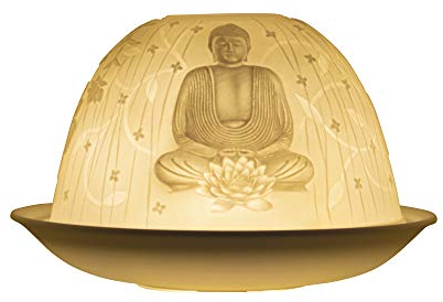 Nordic Lights Buddha Living Teelichthalter aus weißem Porzellan, Kuppel-Kerzenhalter, projiziert ein 3D-Bild, Verwendung mit Duftkerze, LED-Licht, perfekte Raumdekoration, Lampenschirm und Teller, Set