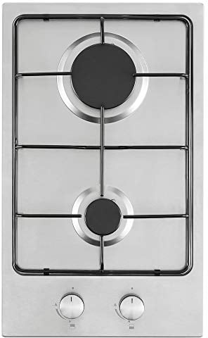 Cookology GH306SS Gas Hob 30cm Cooktop Built-in 2 Burners with LPG Conversion Kit Enamel Pan Supports, Auto Igniton and Flame Failure Safety - In Stainless Steel