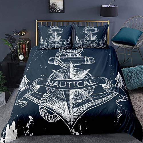 Loussiesd 2 Teilig 155x220 cm Bettwäsche Set Segeln Ozean Anker Abenteuer Microfaser Bettbezug Set für Junge Jugendliche Betten Set mit Reißverschluss und 1 Kissenbezug 80x80 cm,Schwarz,Weiß