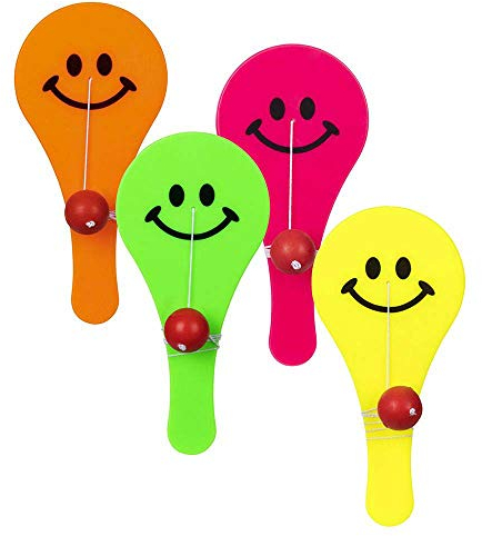 Boland 30784 - Paddleballs, 4 Stück, Größe 11 x 5,5 cm, Plastik, Ballspiel, Mitgebsel, Pinata, Geschicklichkeitsspiel, Geburtstag