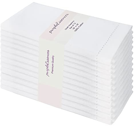 PurpleEssences Hemstitch Cloth Napkins 18x18 in Set of 12 - White