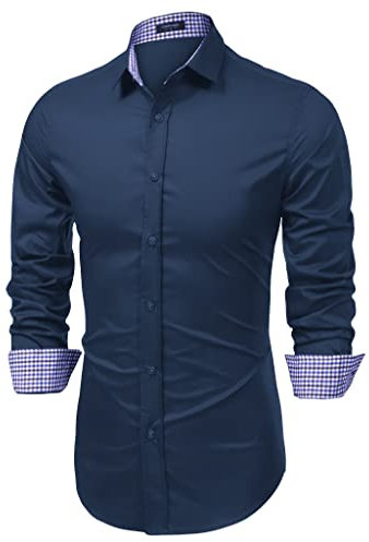 COOFANDY Mens Plaid Dress Shirt Long Sleeve Business Casual Regular Fit Button Down Shirts, Navy Blue, 3XL