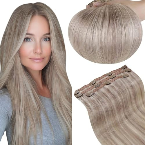 RUNATURE Echthaar Extensions Clip Blond Hervorheben 35cm Dunkelblond Mit Platinblond 3Pcs 50g Haarverlängerung Seamless Echte Haare #19Ap60