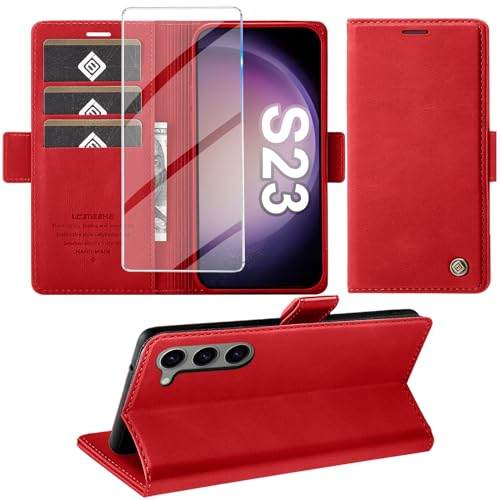 Handyhülle für Samsung Galaxy S23 5G Hülle mit Schutzfolie, Standfunktion Kartenfach Wallet Premium Leder Schutzhülle S23 5G Flip Case Cover Stoßfeste Klapphülle S23 5G 6.1 Zoll (Rot)