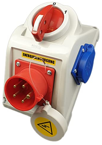 RoadEu Stecker Wandgerätestecker 16A 5p IP44 mit Schuko 230V und Schalter 0-1 mit Blockade.