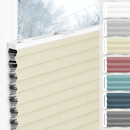 bobodeco Wabenplissee Plissee ohne Bohren Verdunkelung Klemmfix Thermo Verdunklungsplissee, Beige-Weiß 75x130 cm(BxH), 100% Verdunkelnd & Sicht- & Schallschutz, Wärmeisolierung für Fenster & Tür