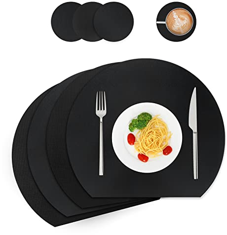 Tischsets und Untersetzer aus Leder, Platzdeckchen abwaschbar,Platzsets abwaschbar,Tischdeko,Tischset rund,Platz-Matten für Küche Speisetisch,4er-Set (Halbkreis, Schwarz)
