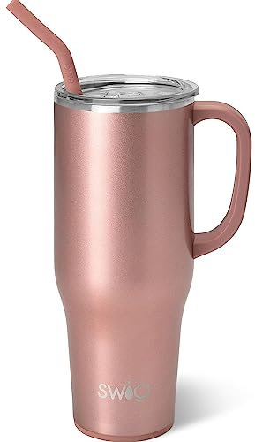 Swig Life 40oz Mega Mug, 40 oz Tumbler with Handle and Straw, Cup Holder Friendly, Dishwasher Safe, Extra Large Insulated Tumbler, Stainless Steel (Rose Gold)