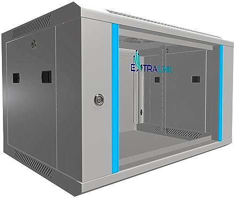 Extralink Serverschrank 19 Zoll 6HE – Netzwerkschrank 450mm Tiefe zur Wand- oder Standmontage, Traglast 60 kg, gehärtete Glastür, abschließbar 180° Öffnung, grau – für Heimnetzwerk & IT-Geräte