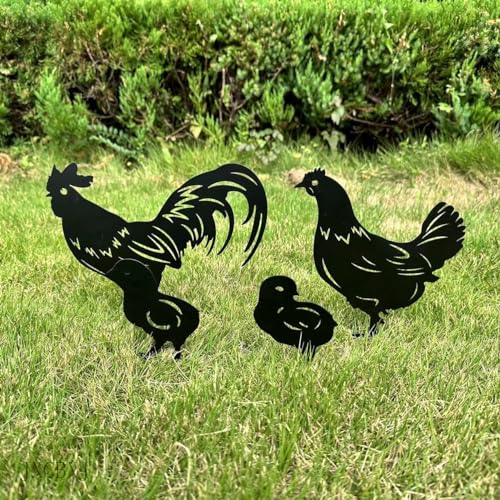 JXCBXJ Metall Huhn Garten Statuen,lebensechte Hühnerhof-Kunst, Hahn und Henne mit Küken, Metall-Silhouette, Statuen, für Weg, Boden, Garten, Rasen, Outdoor-Dekoration, 4 Stück.