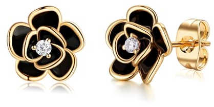 MYBELLNA 14K Gold zierliche Blume Ohrringe Schwarze Rose Gold Blume Perle Ohrstecker für Frauen Sterling Silber Post Hypoallergene Ohrringe für Frauen Mama Sie
