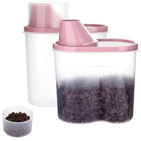 GreenJoy 2 Pack 2lb/2.5L Pet Food Storage Container with Measuring Cup, Can Covers and Bowl for Small Dog, Cat, Waterproof-BPA Free (Pink 1.8L)