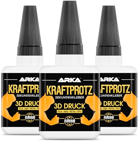 ARKA 3x 50g 3D Druck Sekundenkleber Extra Stark Mit Spezieller Spitze Gegen Austrocknung - KRAFTPROTZ Flüssiger Superkleber Für PLA, ABS, PETG Und TPU - Wasserfest