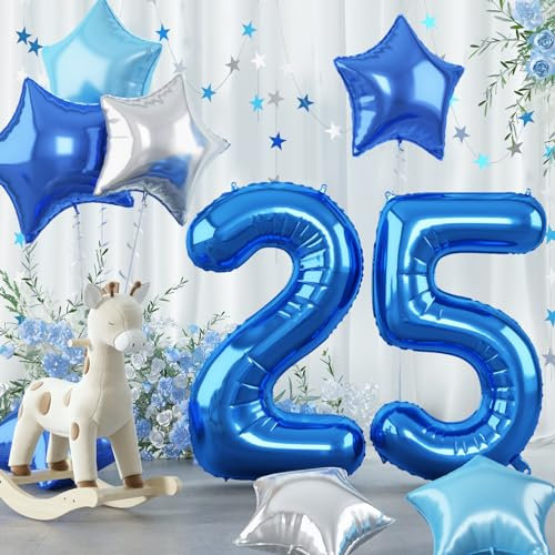 Luftballon 25. Geburtstag Deko für Mann, 40 Zoll Helium Blau Dunkelblau Marineblau Zahlen 25 Ballon Silber Stern Geburtstagdeko, Hellblau 25 Zahl Luftballon für 25 Jare Geburtstag Party Dekoration