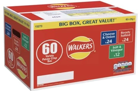 Walkers Variety Box Crisps 60 Pack, Cheese & Onion, Ready Salted, Salt & Vinegar