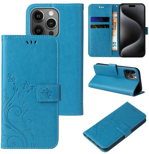 LBH Handy Hülle für Apple iPhone 15 Pro Max Case Handytasche Schmetterling Blumen Flower Standfunktion Schutzhülle Magnet Rundum Schutz 360 Grad Flipcase Cover Blau