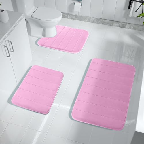 ARRITS Badezimmerteppich Set 3 Teilig, Memory Foam Badematte Set rutschfest Waschbar, Super Saugfähiger Weich Badvorleger Maschinenwaschbar und Toilettenmatte für Dusche, Badewanne und Wc (Pink Lila)