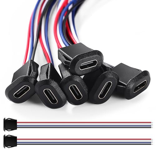 KUOQIY 6 Pièces USB-C Femelle 4 Fils Connecteur de Prise 3A, Connecteur USB-C Femelle 4 Fils avec Boucle à Rainure à Pression, USB Type-C Souder Connecteur avec 150mm 24 AWG, Noir