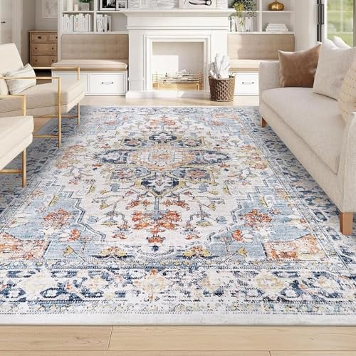 Homcomodar Teppich Wohnzimmer 160x230cm Vintage Teppich Schlafzimmer Kurzflor Wohnzimmerteppich Waschbarer Teppiche für Esszimmer Kinderzimmer(Blau)