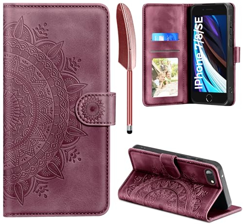 Handyhülle für iPhone SE 2022/2020, Hülle für iPhone 7 / iPhone 8 Lederhülle Flip PU Leder Tasche Case Kartenfach Magnet Ständer Klapphülle Schutzhülle für iPhone SE 2022 5G/ SE 2020/8 / 7, Weinrot