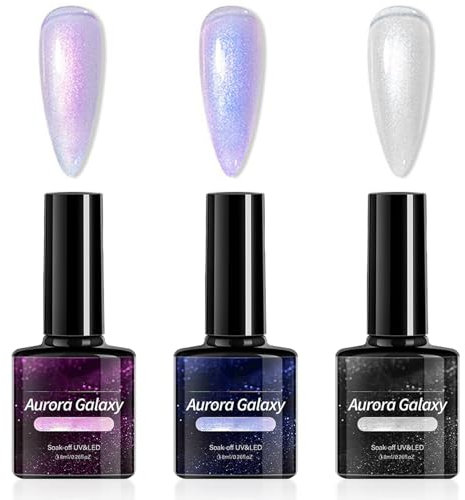 Gel Nail Polish Set, 3 Colors Pearl Gel Nail Varnish Aurora White Pink Shimmer Galaxy Nail Gel, Mermaid Pearlescent Gel Polishes, UV/LED Soak-Off Nail Polish for Nail Art DIY Home