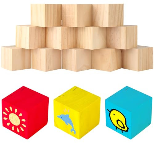 12 Stück Holzwürfel Kiefern, 5 x 5 x 5cm Bastelwürfel Holz, Blanko Würfel Holzblöcke, Unfertige Holzklötzchen zum Basteln für Schnitzen, Malen, Bauklötze