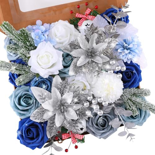 Floweroyal Flores artificiales de Navidad de Pascua con tallos para ramos de novia, centros de mesa, decoración navideña para el hogar (plata, azul y blanco)