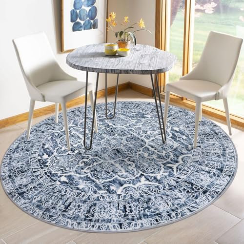 KUTA Runde Vintage-Teppiche, 152 cm, blau-weiß, waschbar, Kreisteppich, 1,5 m, rutschfest, bedruckt, Blumen-Medaillon-Teppich für Wohnzimmer, weich, gemütlich, Esszimmer, Küche, Überwurf für