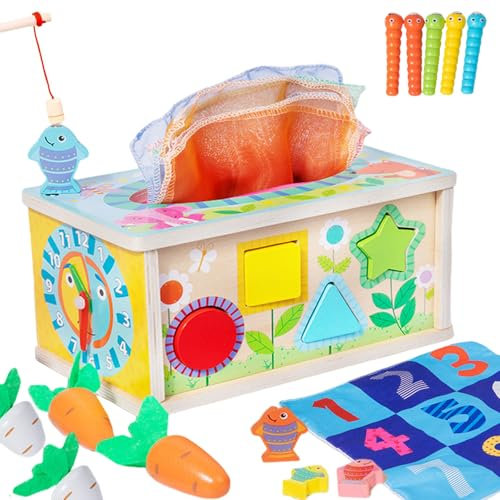 SHAREMI Jouet Bebe Montessori 1 an, 6 en 1 Activite Enfants 1 2 3 4 Ans avec Jeu Pêche, Boîte à Mouchoirs Jeux en Bois Sensoriel Jeu Educatif, Cadeau Filles Garcon Baby Anniversaire Noël