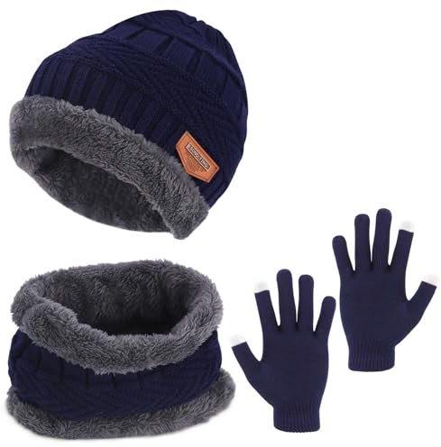 FAOKZE Kinder Wintermütze Schal Touchscreen Handschuhe Set,Wintermütze und Schal-Set,Dicker, Weicher,Doppelschichtiger kinder mütze winter und Halswärmer,Beanie Strickmütze für Junge Mädch 5-10 Jahre