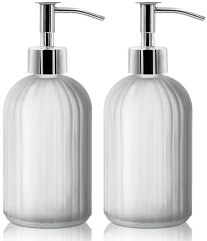 2 Pack Glass Soap Dispenser Bottle with Pump, 14 Oz Refillable Liquid Hand Jar Dispenser for Bathroom, Countertop, Kitchen, Laundry Room (Frosted)