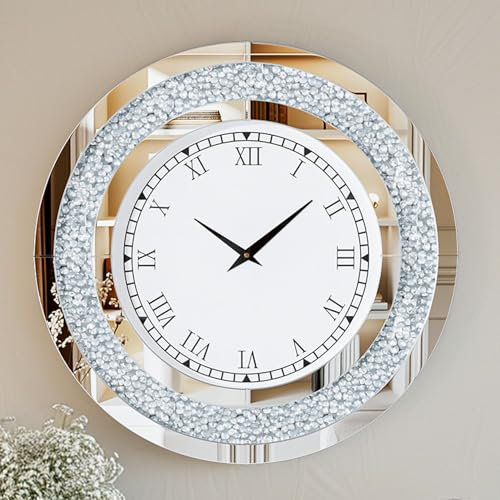 Artloge Wanduhr Groß Modern Deko Kristall Uhren, Wohnzimmer Wanduhren ohne Tickgeräusche Römische Ziffern Batteriebetrieben 80cm Uhren für Wohnzimmer, Schlafzimmer, Küchen Dekoration Silber