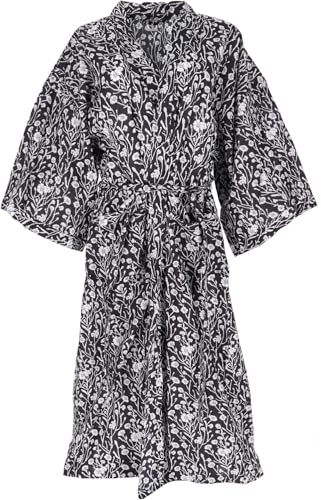 GURU SHOP Kimono im Japan Style, Handbedruckter Unisex Oversize Baumwoll Kimono Mantel, Kimonokleid - Schwarz, Damen