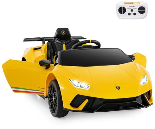GYMAX Kids Electric Ride on Car, 12V Licensed Lamborghini Battery Powered Toy Vehicle with Remote Control, MP3, USB Port, Music, LED Light & Horn, Children Electric Car for 3+ Years Old (Yellow)