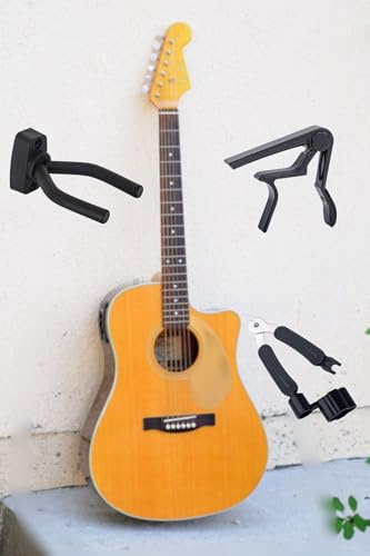 Pack de Accesorios Esenciales para Guitarra: Soporte de Pared Ajustable, Cejilla Profesional, Enrollador de Cuerdas con Cortador de cuerdas y Extractor de Pines