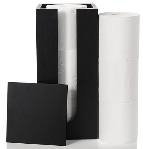 Woodluv Toilet Roll Holder with Lid, Toilet roll holder Freestanding, Bathroom Storage, Bamboo Loo Roll Holder, Bathroom Storage Unit, Black