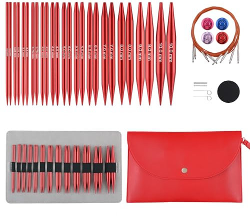Interchangeable Circular Knitting Needles Set Sizes US 2.5, 3, 4, 5, 6, 7, 8, 9, 10, 10.5, 11, 13, 15 with Cables, Accessories and Case (Rose Red)