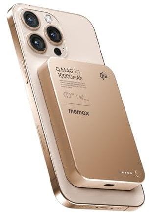 MOMAX Q.MAG Magnetic Power Bank Qi2 Certified, Ultra-Slim 10000mAh Magnetic Portable Charger – 15W Wireless Portable Charger for MagSafe iPhone Series & Android, MTT Cooling Tech Battery Pack, Gold
