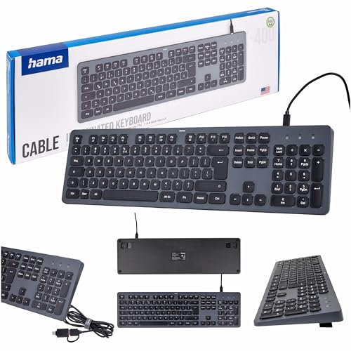Hama kabelgebundene Tastatur CK-400 Schwarzgrau (polnische QWERTY-Layout, beleuchtete USB-Tastatur, AI-Taster, ergonomisch, geräuscharm, abnehmbares Kabel, Multimedia-Tasten)
