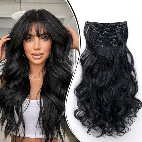 Dcbaboo Clip in Extensions Haarverlängerung Gewellte Clip in Haarteil Wellige 6PCS 55cm Synthetik Haarverlängerungen mit Clips Gelockt Locken Lang Hair Extensions für Frauen, Natürlich Schwarz