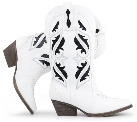 Hawkwell Stivali da cowboy da donna con ricami e cuciture, lunghezza al polpaccio, punta in pizzo, tacco a blocco (taglia 36-42), bianco, 39 EU