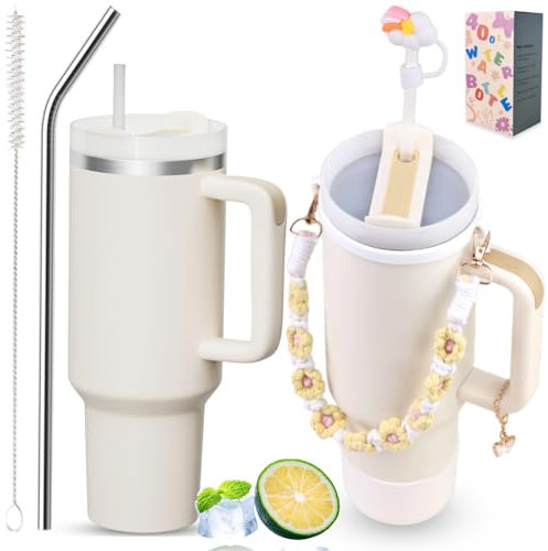 Sanilinwild 40 oz Tumbler Insulated Mug w/Straw & Flip Cap Lids - Cup Holder Bottle with 6 Accessories Set for Hot, Cold Drink - Leak-Proof - Water, Coffee Portable Travel Mug (Cream)