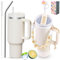 Sanilinwild 40 oz Tumbler Insulated Mug w/Straw & Flip Cap Lids - Cup Holder Bottle with 6 Accessories Set for Hot, Cold Drink - Leak-Proof - Water, Coffee Portable Travel Mug (Cream)