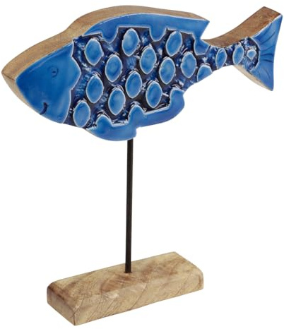 Floristik24 Maritimer Deko Holz Fisch auf Ständer Blau - Dekoration Wohnzimmer Garten Deko-Figur 25cm
