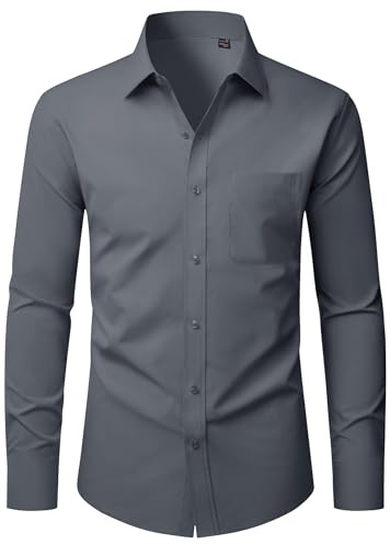 Mens Shirts Long Sleeve Slim Fit Stretch Dress Fomal Business Casual Shirt | Stretchy Wrinkle-Free Comfort, for Work Office Daily Outfit, to Wedding Dinner Holiday Travel, Button Down Shirt with Pocket
