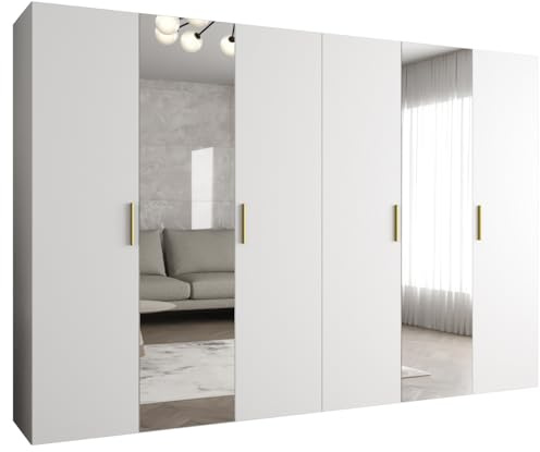 MEBLE KRYSPOL - Kleiderschrank - Garderobenschrank - 300 cm x 202 x 52 cm - Schrank mit Kleiderstange und Spiegel, 6 Türen - für Schlafzimmer, Flur - BARI, Weiß, Griff Gold