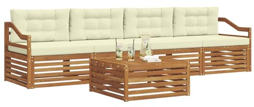 vidaXL Outdoor-Sofagarnitur mit Kissen 5 pcs Natur und Creme, Gartenlounge, modernes Outdoor-Sofa, Sitzmöbel für die Terrasse, langlebige Komfort-Einheit