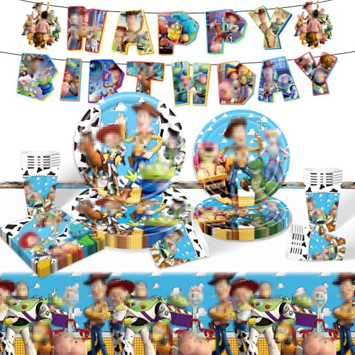 Birthday Party Tableware Kids- 52PCS Toy Birthday Party Decorations Cartoon Themed Party Favor Supplies Paper Plates Cups Napkins Tablecloth for Boys Girls Baby Showers Deco