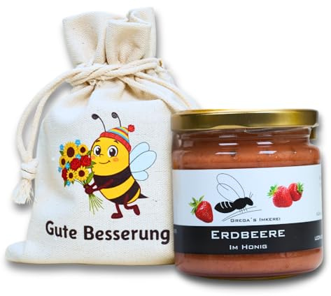 Grega's Imkerei | Honig-süßes Geschenkset Gute Besserung im Leinensäckchen mit 250g Honigspezialität nach Wahl | Geschenk gute Besserung & Aufmunterung (Erdbeere im Honig 250g)